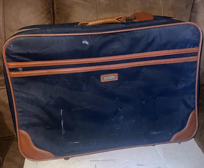 Vintage Sorrento Suitcase Travel Blue Brown Luggage Canvas Handle