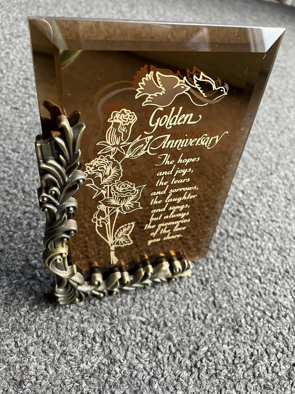 GOLDEN ANNIVERSARY 50th Bronze L-Shaped Floral Frame Holding Etched Mirror