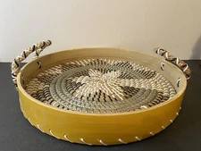 Round Serving Tray Woven Seagrass and Bamboo W Handles 14" Aztec Boho Decorative