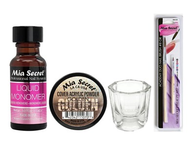 Mia Secret Monomer 0.5oz-Cover Golden Acrylic Powder 15g-Dappen Dish-8OR Brush