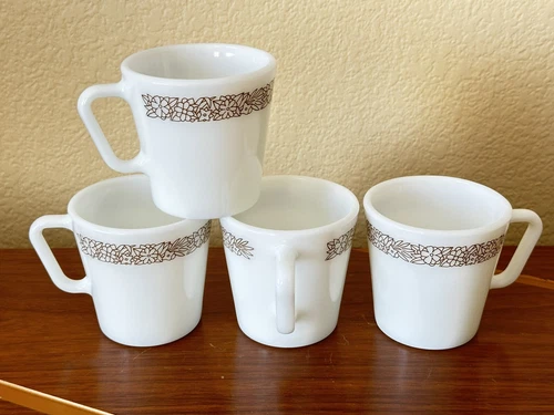 4 Corelle Pyrex Woodland Brown Floral White Mugs Coffee Tea Cups