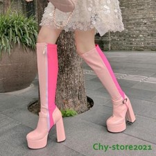 Womens Buckle Round Toe Platform Knee High Boots High Block Heel Shoes