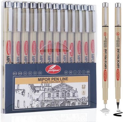Micro Fineliner Drawing Art Pens: 12 Black Fine Line Waterproof Ink Set Artist