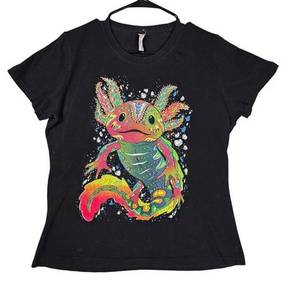 Euro Cotton Axolotl Graphic T-Shirt Womens XL Black Fair Neon Psychedelic Art