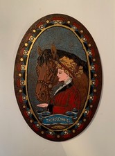 1900's Flemish Art Co NY Thoroughbreds Pyrography Painted Wood Plaque 19" x 13"