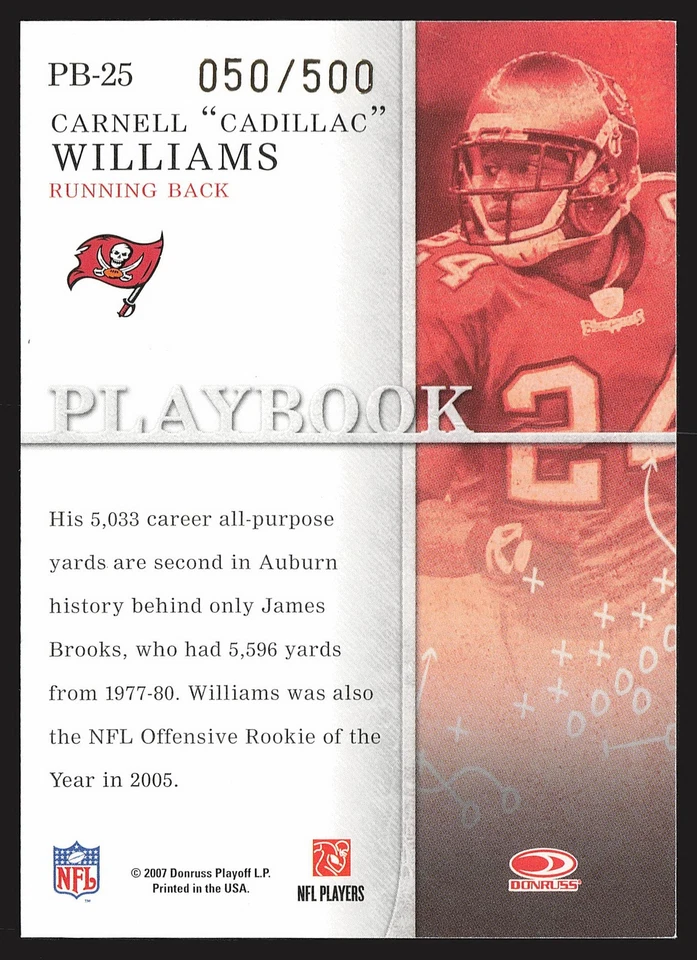 2007 Donruss Gridiron Gear #PB-25 Carnell "Cadillac" Williams /500 SN - Image 2 of 2