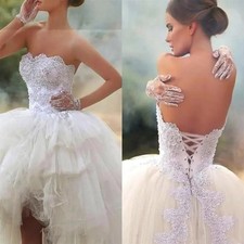 Short Front and Long Back Wedding Dresses Beads Lace Lace Up Back Applique Gowns