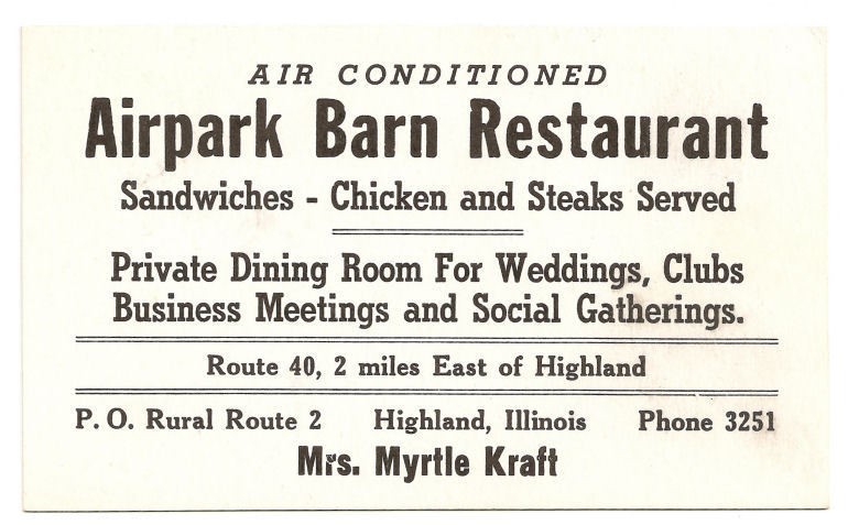 Trade Card Airpark Barn Restaurant Route 2 Highland IL
