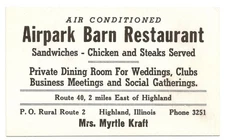 Trade Card Airpark Barn Restaurant Route 2 Highland IL
