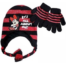 Disney Minnie Mouse Girl's Black/Red Striped Beanie  Gloves Set Sz. 4-7
