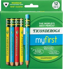 My First Short Triangular Wood-Cased Pencils, #2 HB Soft, With Erasers, Primary