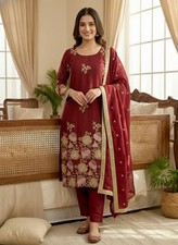 New Launch Organza Poly Silk Maroon Salwar Kameez With Dupatta For Women Wear