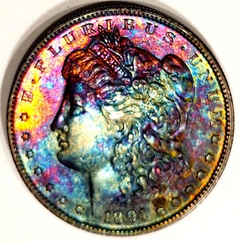 1891-S Rare Date Ch / Gem BU Morgan Dollar Wild Rainbow Toned Semi PL No Res