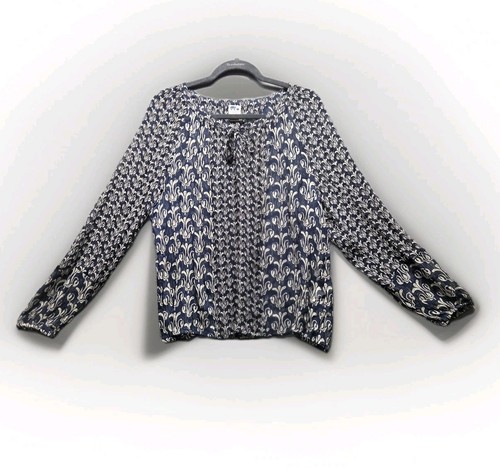 John Robshaw X Lucky Brand Blouse L Navy Cream Sheer Rayon Boho Peasant Top