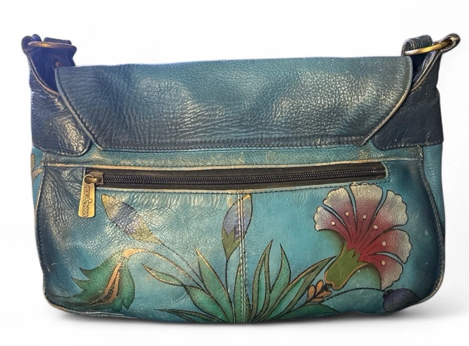 Anuschka Hand Painted Blue Floral Leather Crossbody Bag India Genuine Blue - Image 2 of 4