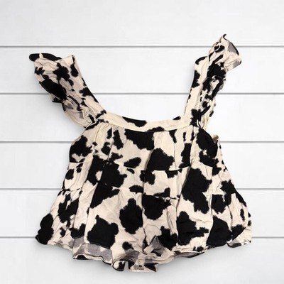 Mi Ami Black and White Cow Print Ruffle Strap Tiered Babydoll Top Size Small