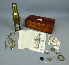 Vintage Brass Drum Microscope with Accessories, Instructions and Case c1870