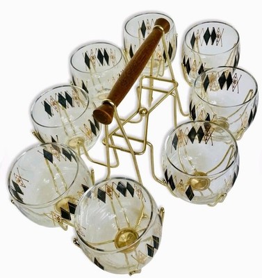 Vintage MCM Federal Harlequin Diamond Roly Poly Glasses & Caddy Set_8 Piece Set