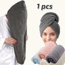 Solid Color Hair Towel Wrap, 9.8"x25.5" Textured Absorbent Dry Hair Cap with but