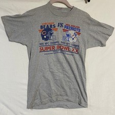 Vintage 1986 Super Bowl XX Chicago Bears vs New England Patriots T-Shirt Gray K3
