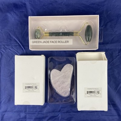 Macys Green Jade Face Roller Plus Two Pink Stone Gua Sha Face Scrapers READ