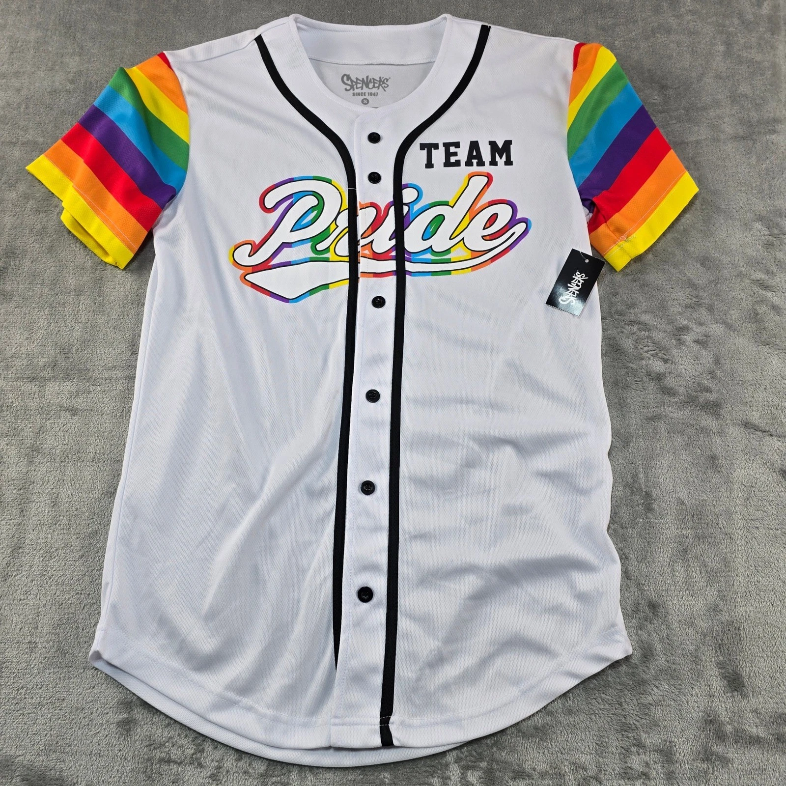 Spencer's Baseball Jersey Adult Small White Rainbow Team Pride Button Up Shirt