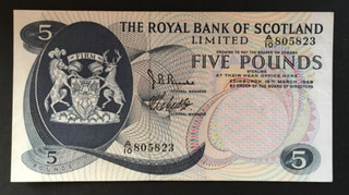 Banknote Of Scotland Five Pounds Royal Bank Of Scotland. 1969. A10. Circulated.