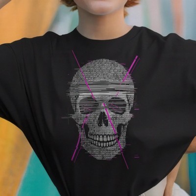 Glitch Skull T-Shirt Cyberpunk Skull Print Hacker Gamer Code Retro