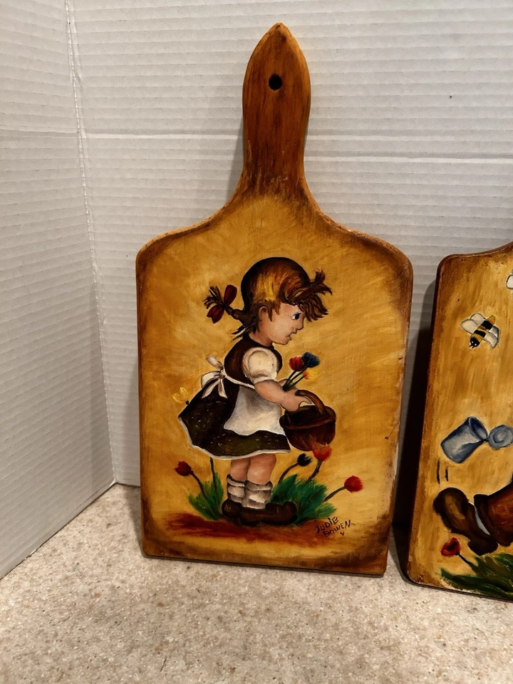 Vintage Folk Art Hand Painted Children Wood Cutting Board Set 1978 Signed Unused - Image 2 of 4