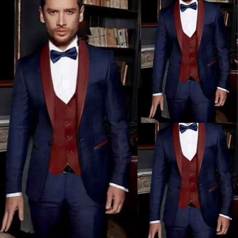 Wedding Men Suits Navy Blue Tuxedos Burgundy Vest 3 Piece Blazer Pants  Jackets | Ebay