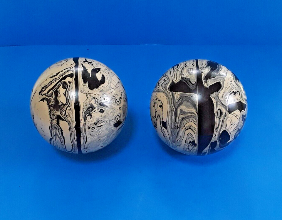 NICE SET of (2) VINTAGE DUCKPIN BOWLING BALLS WHITE w/ BLACK SWIRLS 3