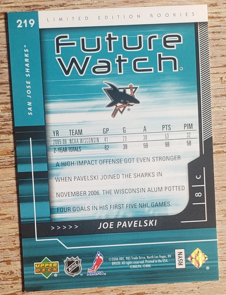 2006-07 UD SP Authentic Future Watch Joe Pavelski 219 Limited Rookie RC 064/100 - Image 2 of 2