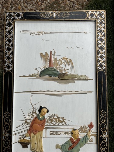 Pair Of Asian Wall Panels Art Screens Chinoiserie Ming Century Vintage 24x10 - Picture 15 of 24