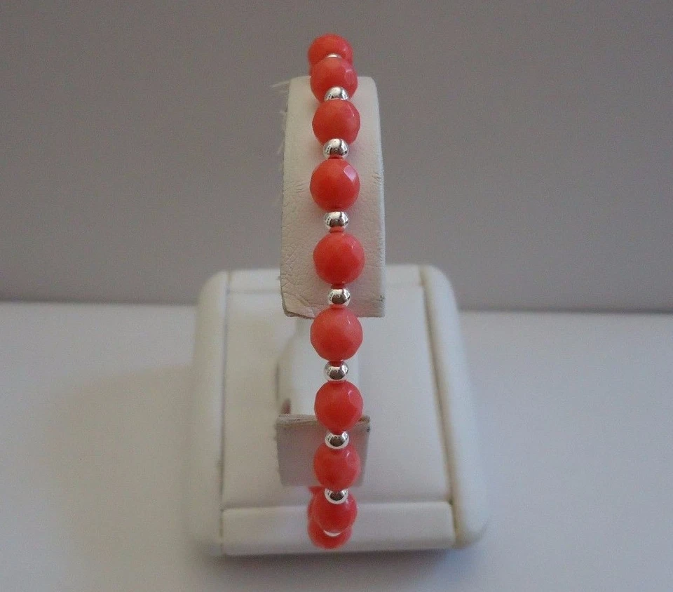 PULSERA PULSERA PLATA ESTERLINA 925 CON CORAL ROJO Y SEMILLAS BRILLANTES/8""/ BLOQUEO LANGOSTA Foto 4 de 4