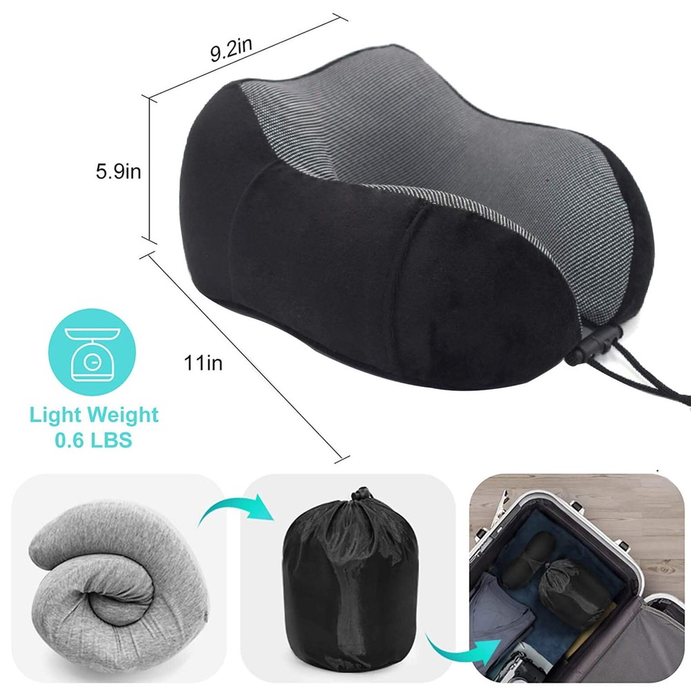 Travel Neck Pillow Set with Mask, Earplugs & Storage Bag - Black