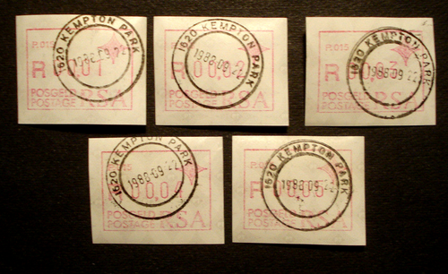 Sudafrica RSA 1988:5 etichette ATM FRAMA,A-Nr. P.015,MN 6,"KEMPTON PARK 22.9.1988"