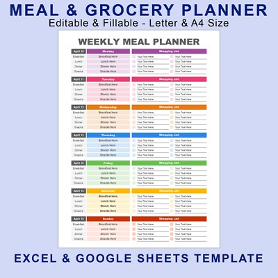 EXCEL - Microsoft (MS) Template /: Weekly Meal & Grocery List Planner Printable.
