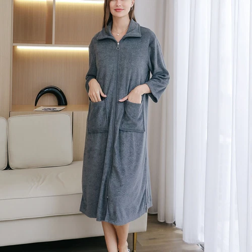 Women's Full Zip Robe 3/4 Sleeve Soft Terry Cloth Comfy Pockets House Coat - Picture 42 of 44