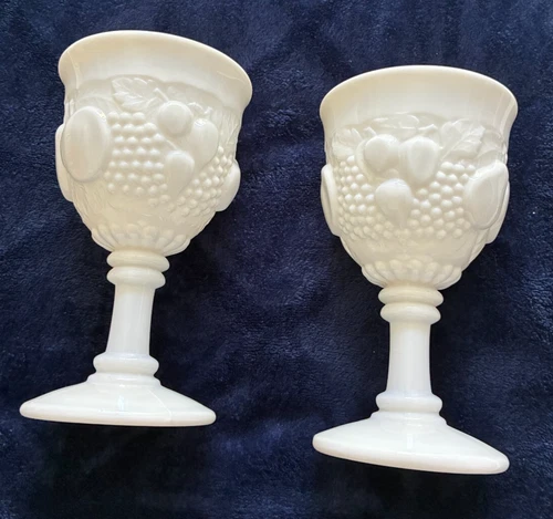 2 Vintage Westmoreland Milk Glass Goblets Della Robbia Footed Water Wine Glasses