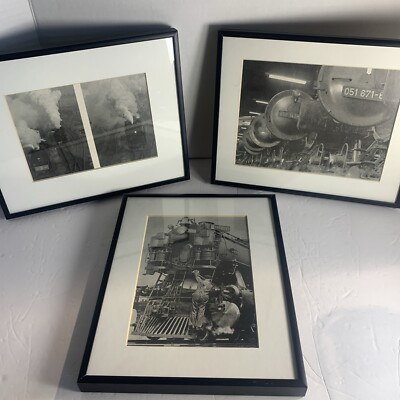 Vtg Steam Train Locomotive Prints of Photos Black White Framed Lot Of 3 Railroad