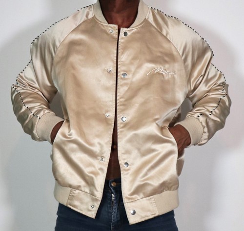 MEN'D BEIGE SATIN BOMBER JACKET SIZE XL - Picture 2 of 5
