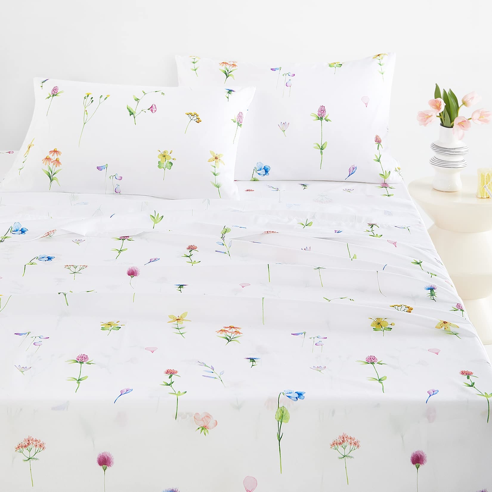 - Floral Bed Sheets, 4-Piece Sheet Set, Cute Flower Shabby Chic Botanical Coq...-image