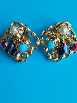 Vintage Marked Austria Clip On Earrings Hearts Faux Pearl Gold Tone Multicolor 