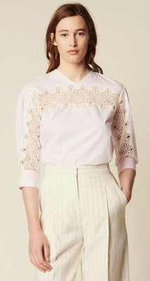 Sandro Erica 100% Baumwolle Spitzeneinsatz rosa Nadelstreifen Bluse Gr. S FR 36 UK 8
