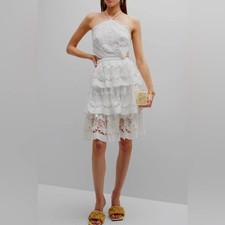 Farm Rio $280 White Richilier Cotton Mini Halter Dress Lace Tiered Fairy Bride