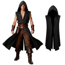 Men's Medieval Hooded Sleeveless Surcoat Holloween Renaissance Tabard Tunic C...
