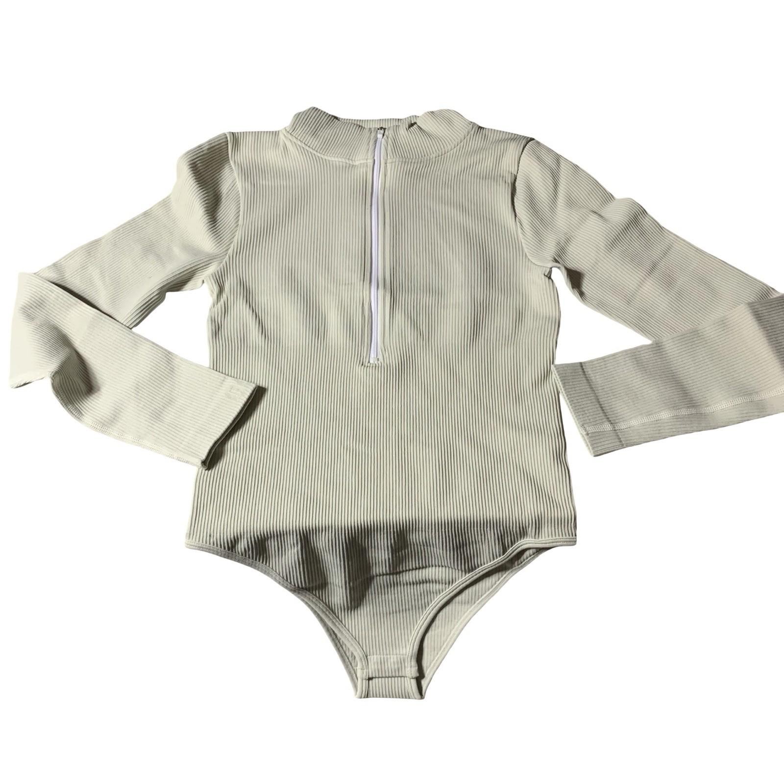 Bodysuit Womens Size M Beige Ribbed Long Sleeve Half Zip Mock Neck NEW-image