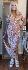 RIXO Maxi Dress Pinks Red Orange Yellow Floral Low Cut Puff Short Sleeve Size 10