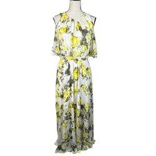 Calvin Klein SZ 10 Maxi Dress Floral Cold Shoulder Flutter Sleeve Keyhole Yellow