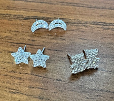 Women Girl Small 925 Sterling Silver Cz Bear Star Moon Stud Post Earrings PE38